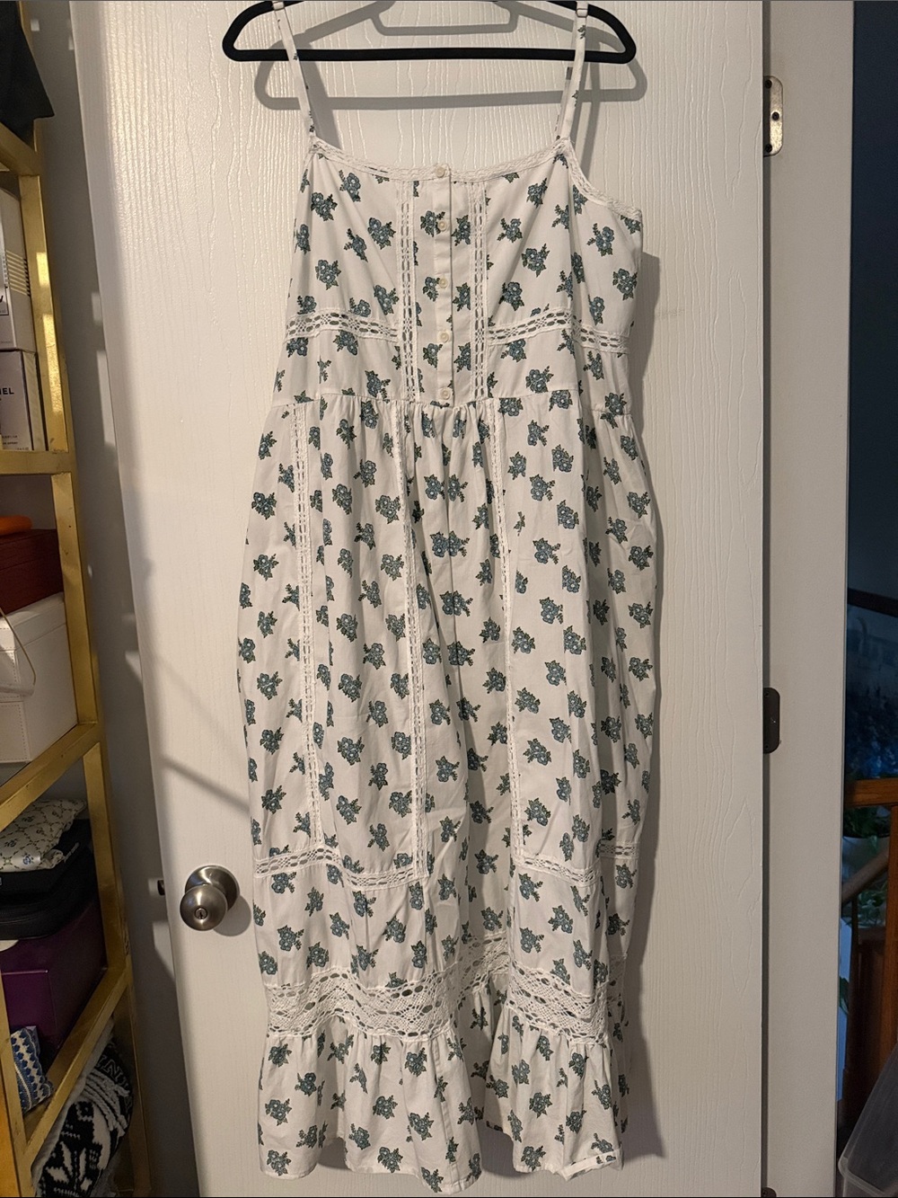 Spell White Cotton Sundress with Green Floral Print